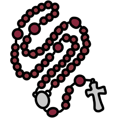 a curled rosary with red beads and a silver medallion and cross.